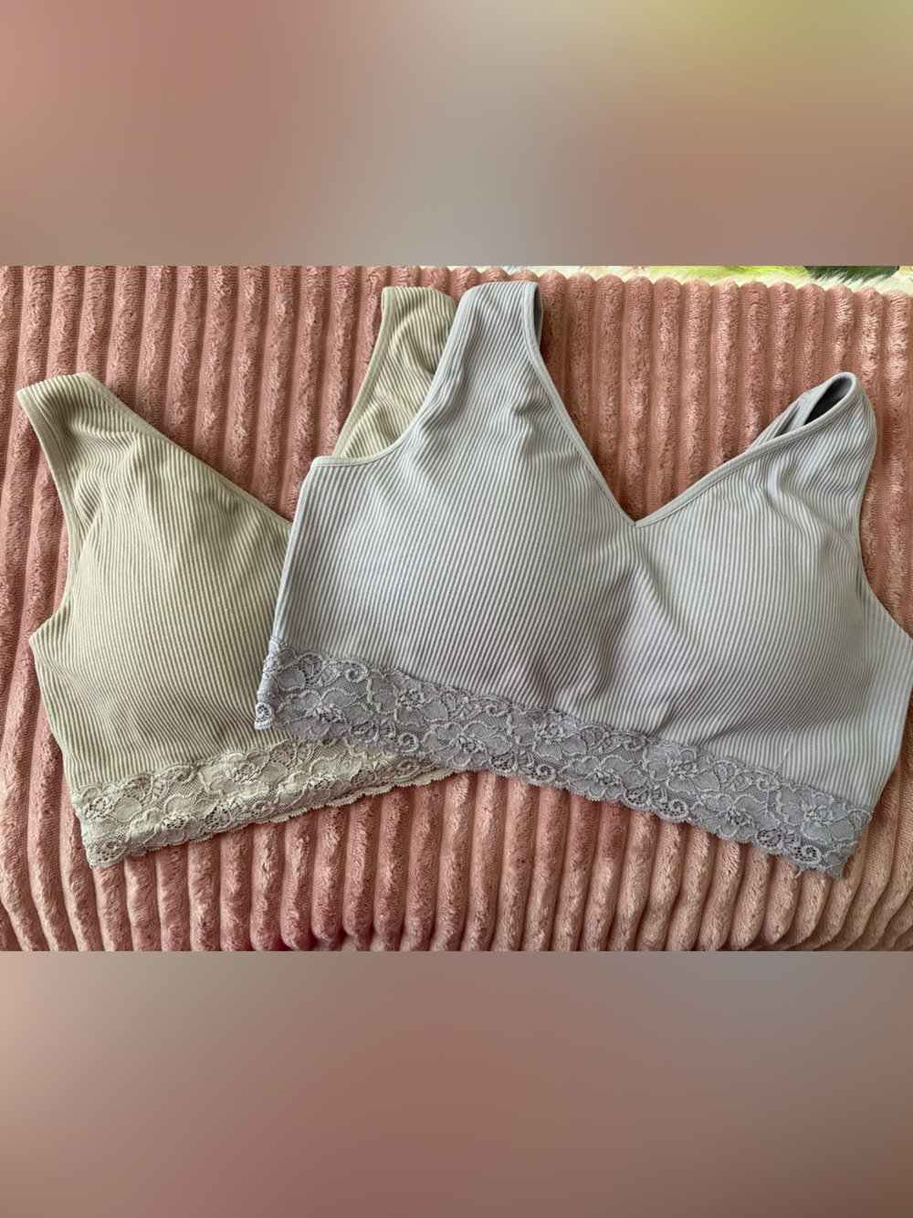 Maurices Set of 2 Ribbed Lace-Trim Bralettes - beige and light purple 1X